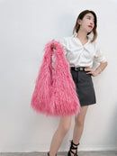 the SHAGGY - Women's Wool Plush Shoulder Bags, Hot Girls Faux Fur Drawstring Bucket Bag, Fashion Female Furry Purse Tote Handbags