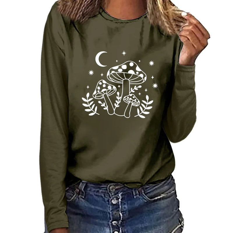 Seeyoushy Mushroom Moon Print Interesting Printed Ladies Top Y2K Harajuku Long Sleeve Ladies T-shirt 2023 New Women's Clothing