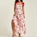 the FRENCH LAUNDRY - French Casual Bow Strap Suspender Beach Floral Print V-Neck Loose Long Dress