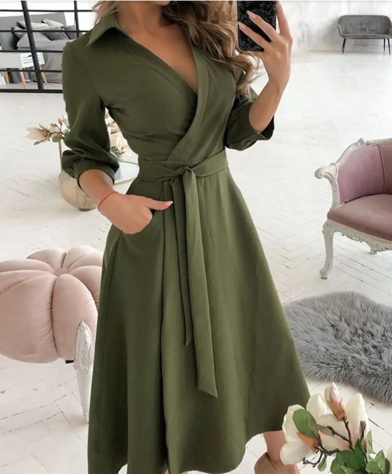 Women V-Neck Dress Spring And Summer New Fashion Three Quarter Sleeve Printed Women's Dress With Waist Tie Up Polo Long Dress