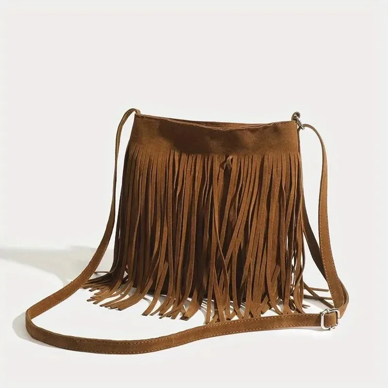 the TASSEL BOHO - Boho Style Fringe Crossbody Bag, Vintage Suede Shoulder Bag, Women's Large Capacity Casual Fringe Postman Shoulder Bag