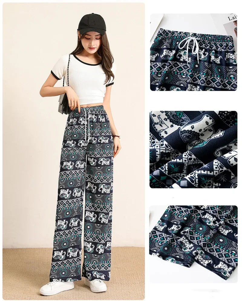 Women Wide Leg Pants High Waist Elephant Print Pant Summer Thin Straight Trousers Casual Bottoms Female Clothing 2023 Fashion