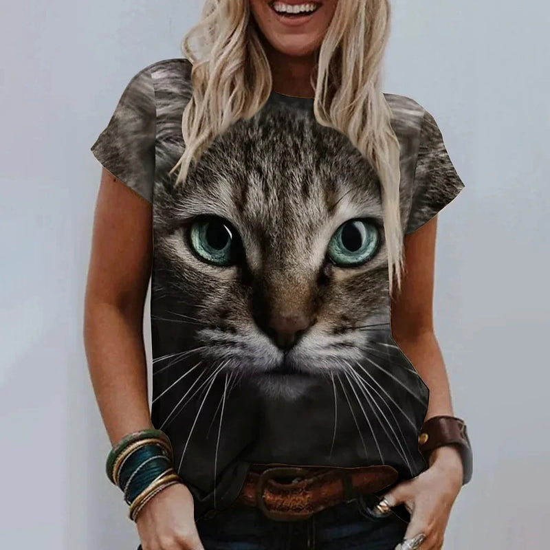 New Summer 3D Printing T-Shirt for Women Cute Cat Fashion Tee 2022 New Harajuku Animal Short Sleeve Oversized Clothing Camiseta