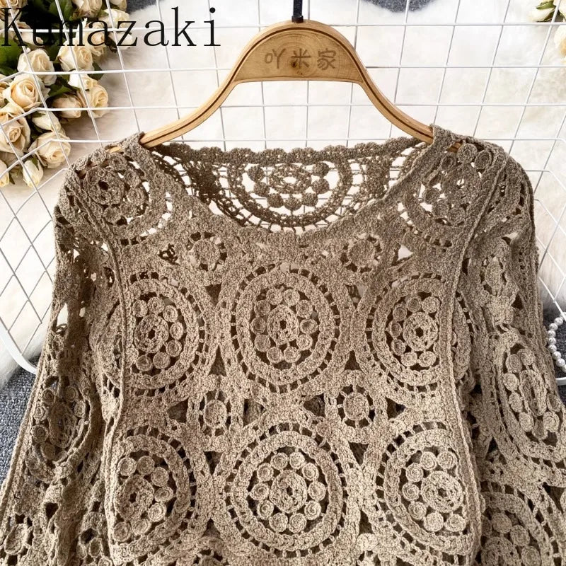 Retro ethnic style Knitted tops female tassel croche hollow out smock Female Dolman sleeve women's T-shirts casual ropa mujer