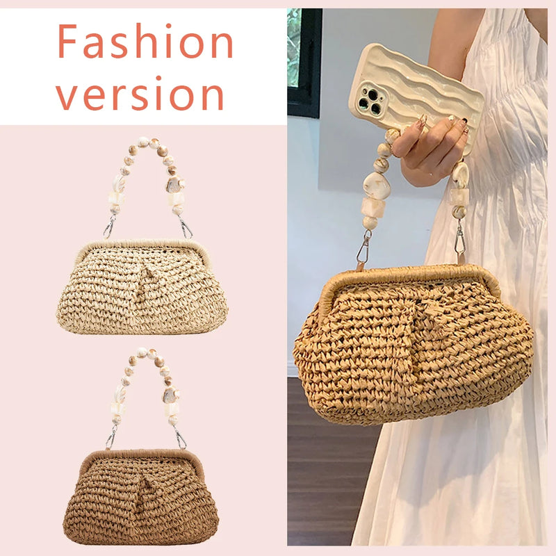 the BEAN BAG BOHO - Women Straw Crossbody Bag Clutch Purse, Weaving Shoulder Bag, Versatile Small Beading Handbag, Rattan Boho Summer Beach Woven Bag