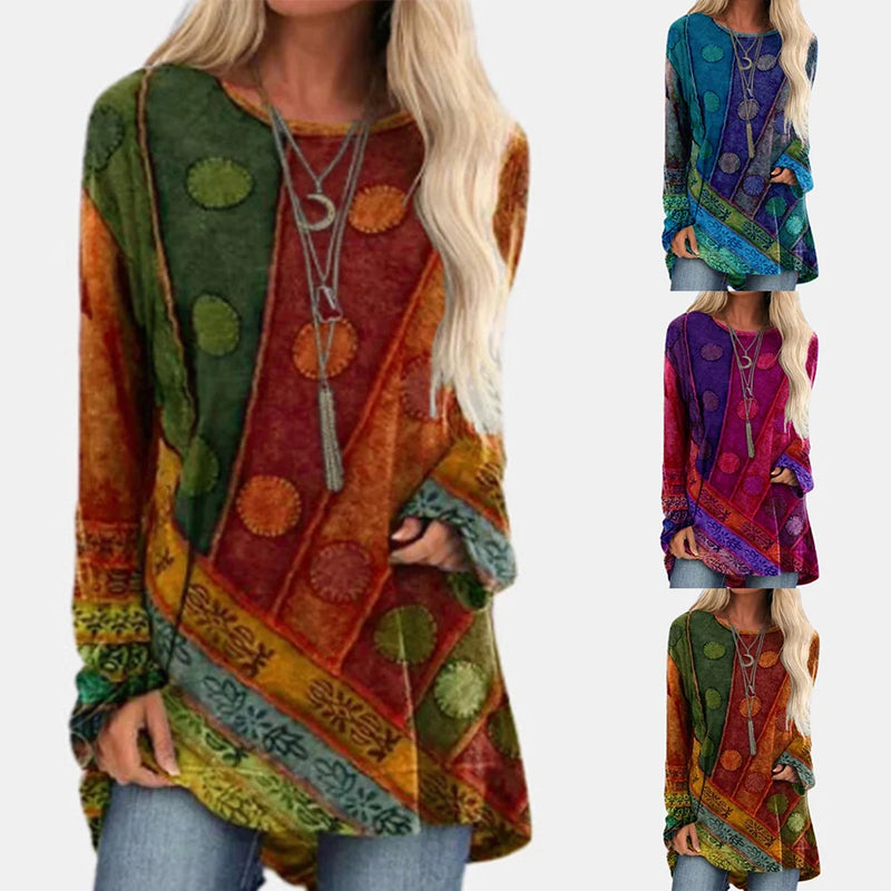 Women Boho Long Sleeve T-Shirt Tunic Tops Ladies Casual Blouse Tee Plus Size Loose Sleeved 2023 Retro Fashion Clothes