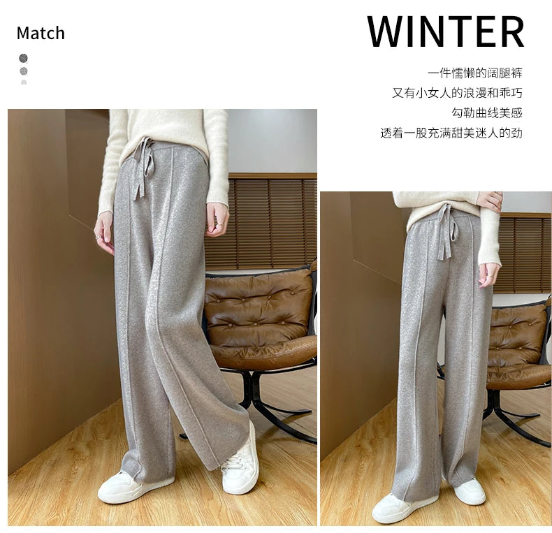 2024 Autumn/Winter New Knitted Women's High Waist Pants,Casual And Loose.  Straight Leg, personalized Floorpants With Elasticity