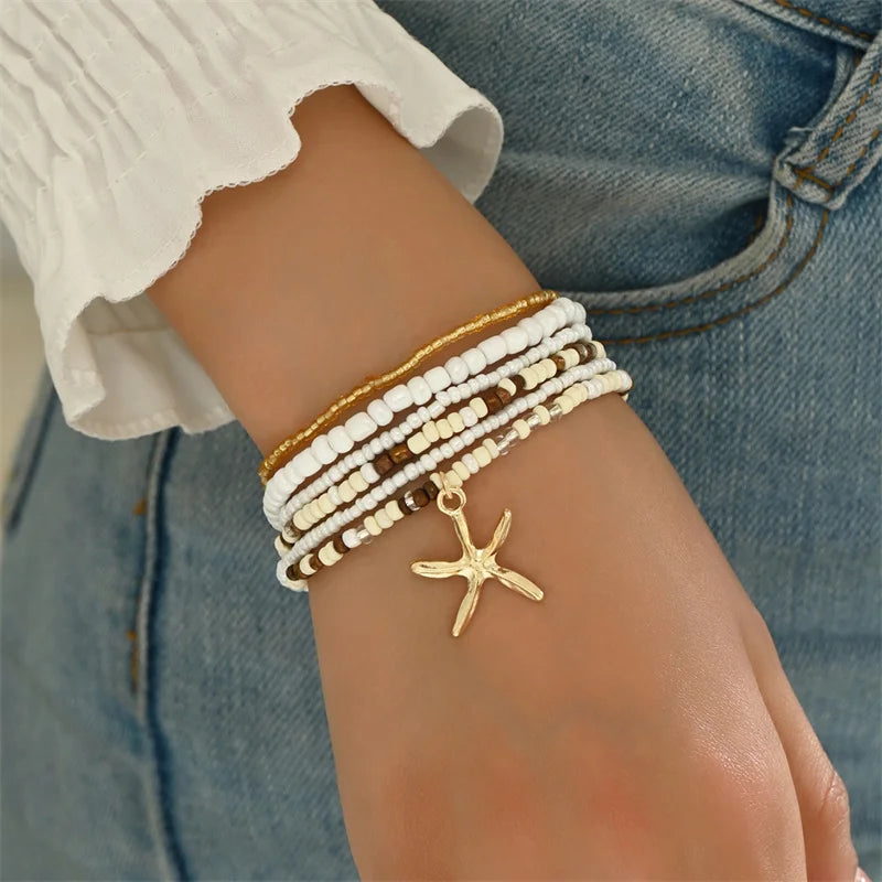 the BEADED STARFISH - Boho Stacking Multilayer Color Rice Beads Starfish Bracelet for Women, Fashion Beaded Rope Chain Summer Beach Wrist Jewelry Gifts