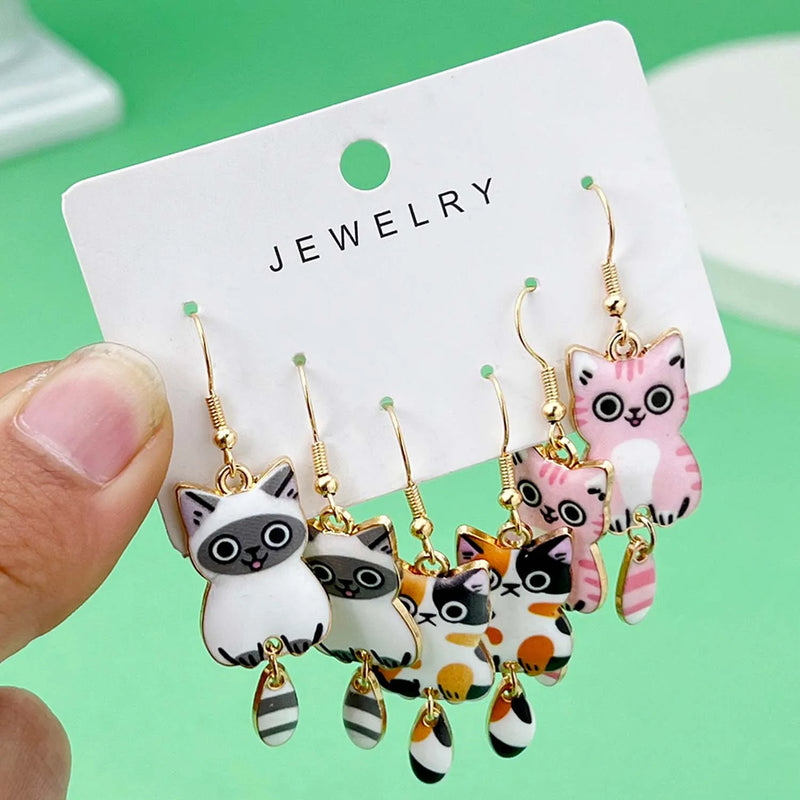 the CAT CLUB - 3 Pairs/Set Fashionable Enamel Cartoon Cute Cat Design Earrings, Jewelry Gifts for Women And Girls