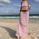 the BELLY DANCER - Sexy Boho Backless Matching Suit 2 Piece Beach Outfits Vintage Ruched Halter Cami Tops + Maxi Long Skirt
