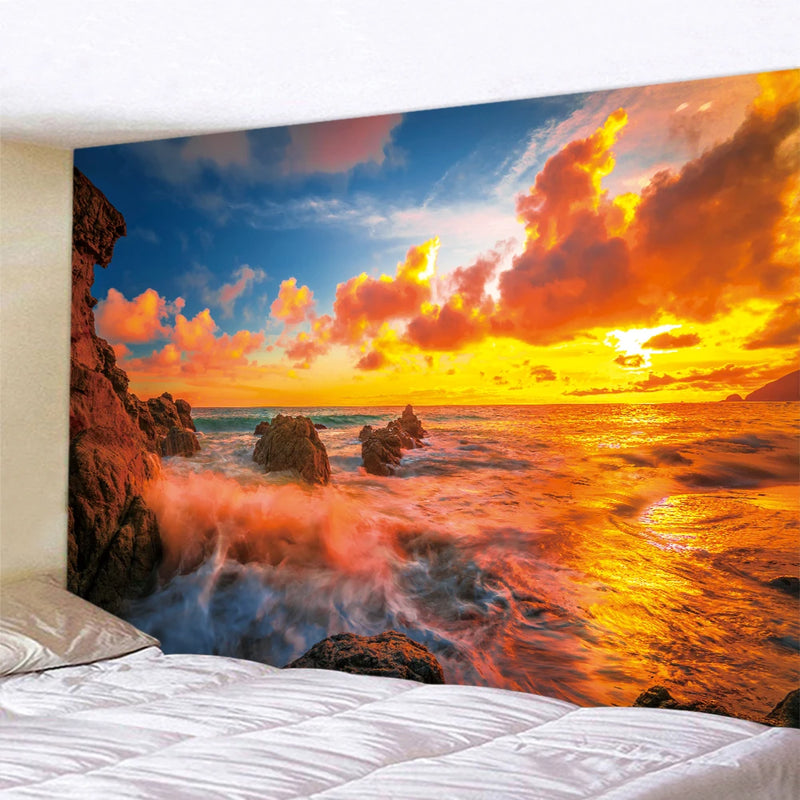 the COASTAL - Seaside Beach Sunset Scene Home Decor Art Tapestry Wall Hanging