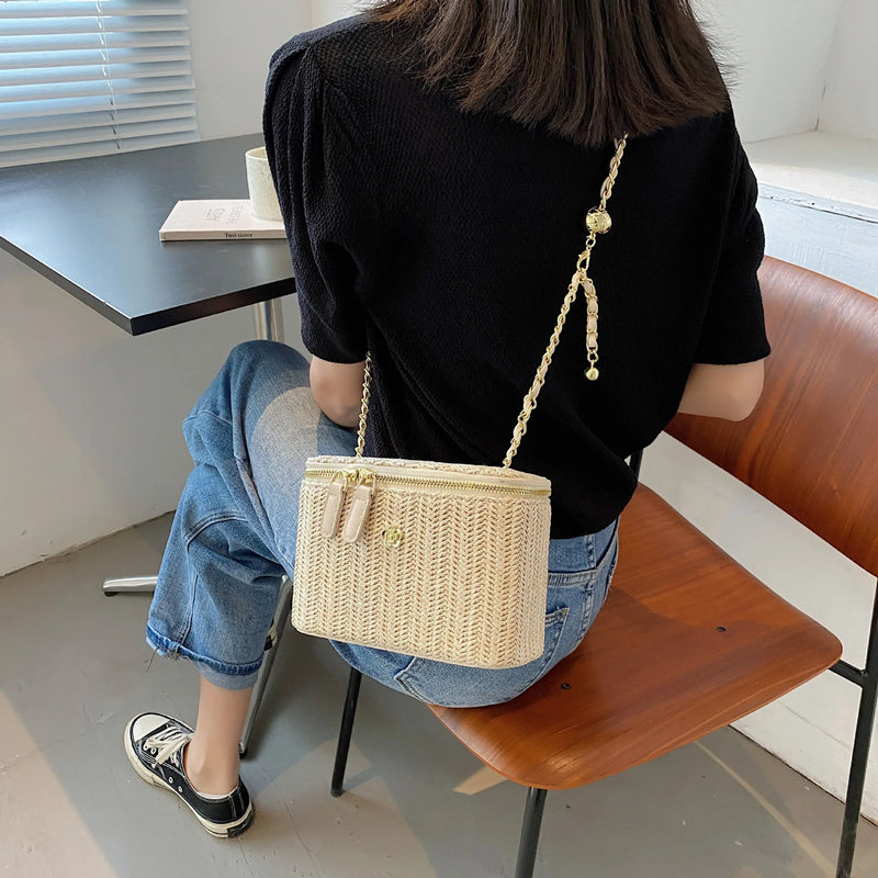 the PICNIC BOHO - Mini Straw Bucket Crossbody Bag for Women, Summer Weave Women's Brand Handbags and Purses, Fashion Chain Simple Shoulder Bags