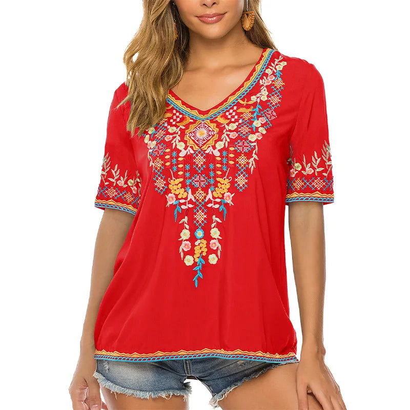 Summer T-shirt Floral Ethnic 3D Print V-Neck Tees Retro Women Tops Boho Streetwear Harajuku Oversized T Shirts Female Clothing