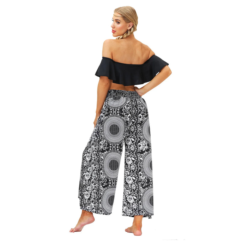 Women's Casual Soft Slit Leg Pants, Harem Dance, Beach Boho Baggy Yoga Pants, Lady Loose Wide Leg Wrap Long Pants, Summer