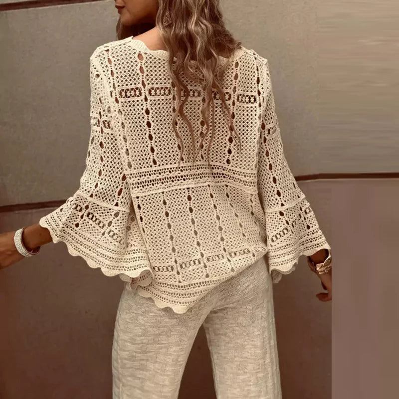 Spring Summer Lace Crochet Women's White Shirts 2024 New Hollow Out Beach Bohemian Cover Up Tees Female Long Sleeve Knitted Tops