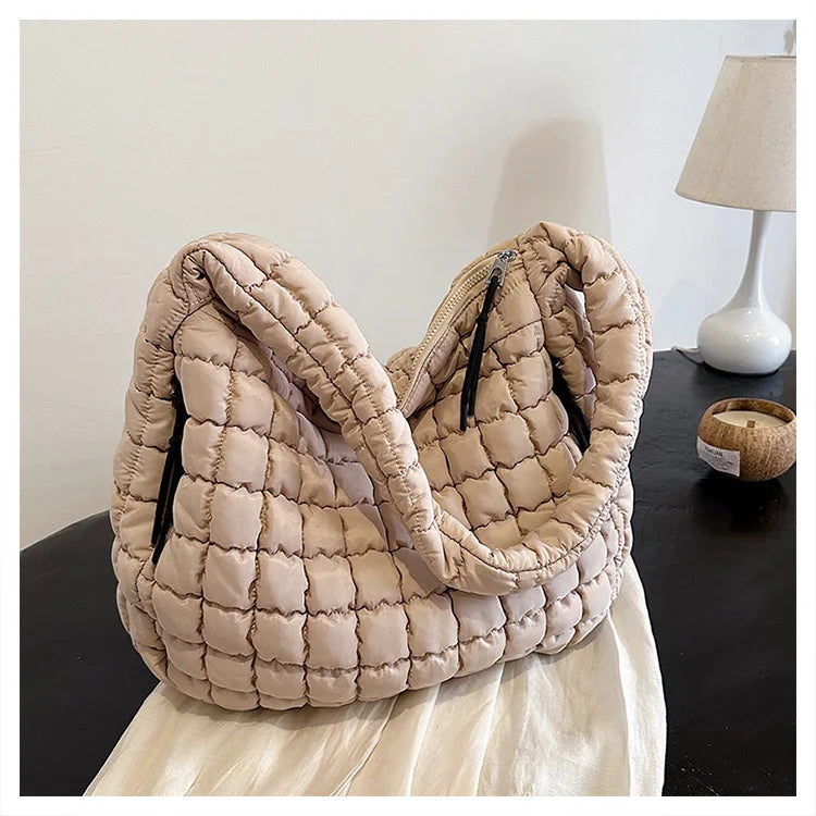 the PUFFY BOHO - Casual Ruched Hobos, Women Shoulder Bags, Quilted Padded Crossbody Bag, Large Capacity Nylon Puffer Tote Bag, Big Shopper Purses