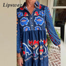 the COUNTY FAIR - Elegant Floral Print Loose Bohemian Retro Long Sleeve Casual Single Breasted Lapel Shirt Dress for Women