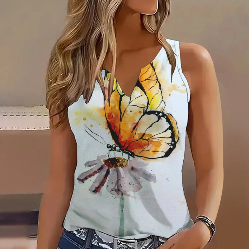 2024 Summer Lightweight And Simple Street Dragonfly Print Casual Large V-neck Tank Top Fashionable And Comfortable Women's Top