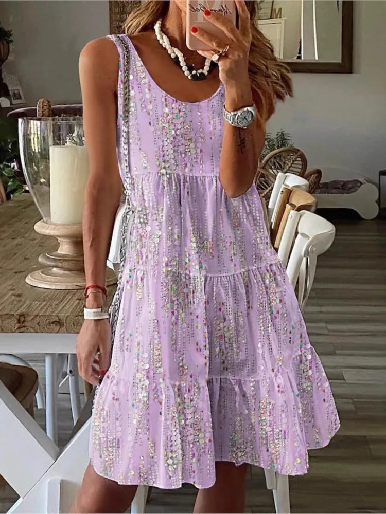 New Sundress Summer Casual Floral Print Loose O Neck Sleeveless Dress For Women 2025 Fashion Boho Holiday Beach A Line Dress