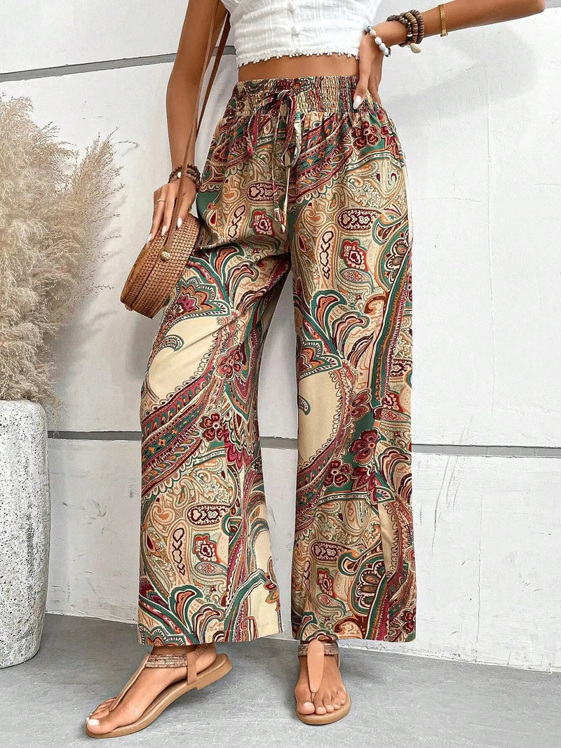 Women's Pants 2024 Summer New Fashion Versatile Printed Elastic Waist Wide Leg Pants Retro Ethnic Style Elastic Waist Trousers