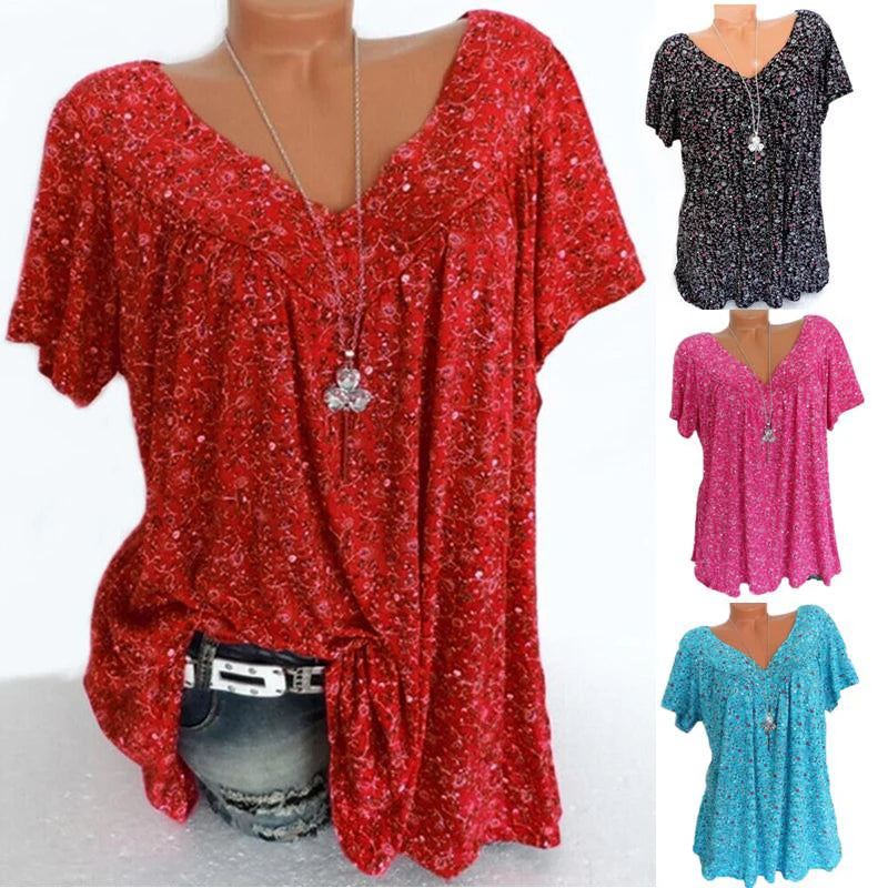 Casual Large Size V-Neck T-Shirt Tops Fashion Women T-Shirt Summer Printed Loose Bottoming Shirt