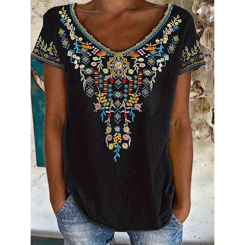 Indian Elephant T-shirts Ethnic Geometry Floral 3D Print Women Streetwear V-Neck T Shirt Harajuku Y2k Top Oversized Tees Clothes