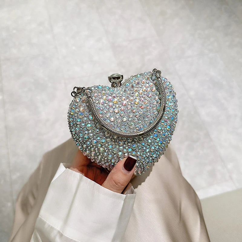 the CRYSTAL HEART - Luxury Diamond Inlay Heart Shape Crystal Clutch Purse, Stones Evening Wedding Party Shoulder Bag, Handle Rhinestone Mini Handbags