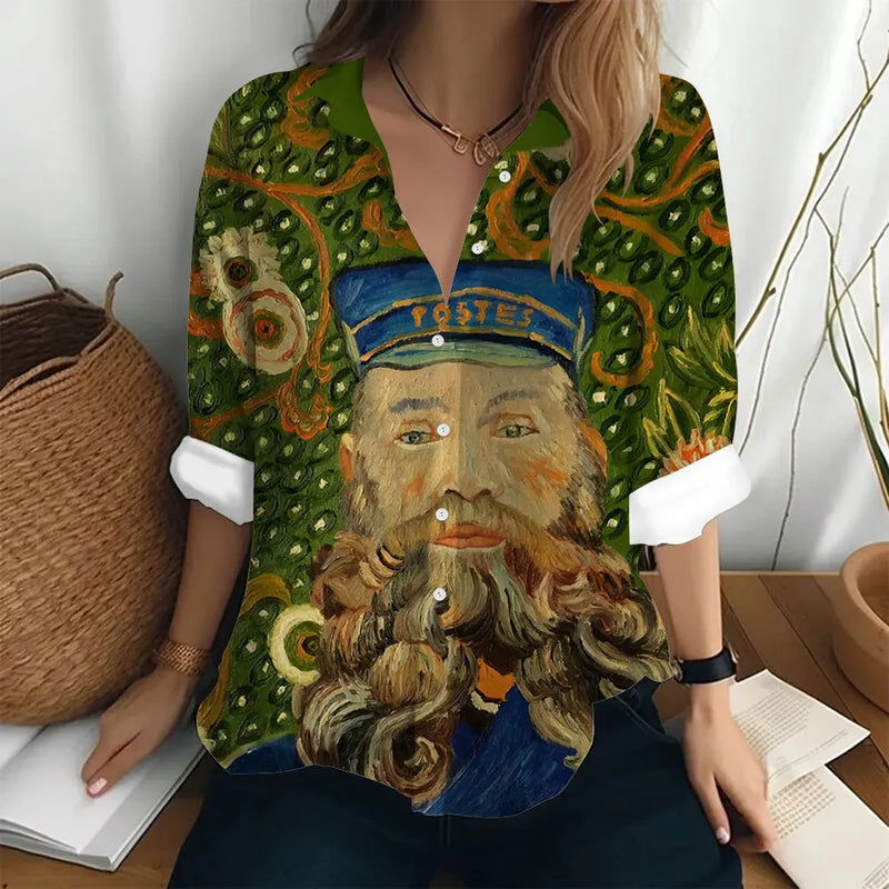 Women's Long Sleeved Shirt Van Gogh's Oil Painting Print Sunflower Pattern Clothing Loose Lapel Top Women's Party Fashion Shirt