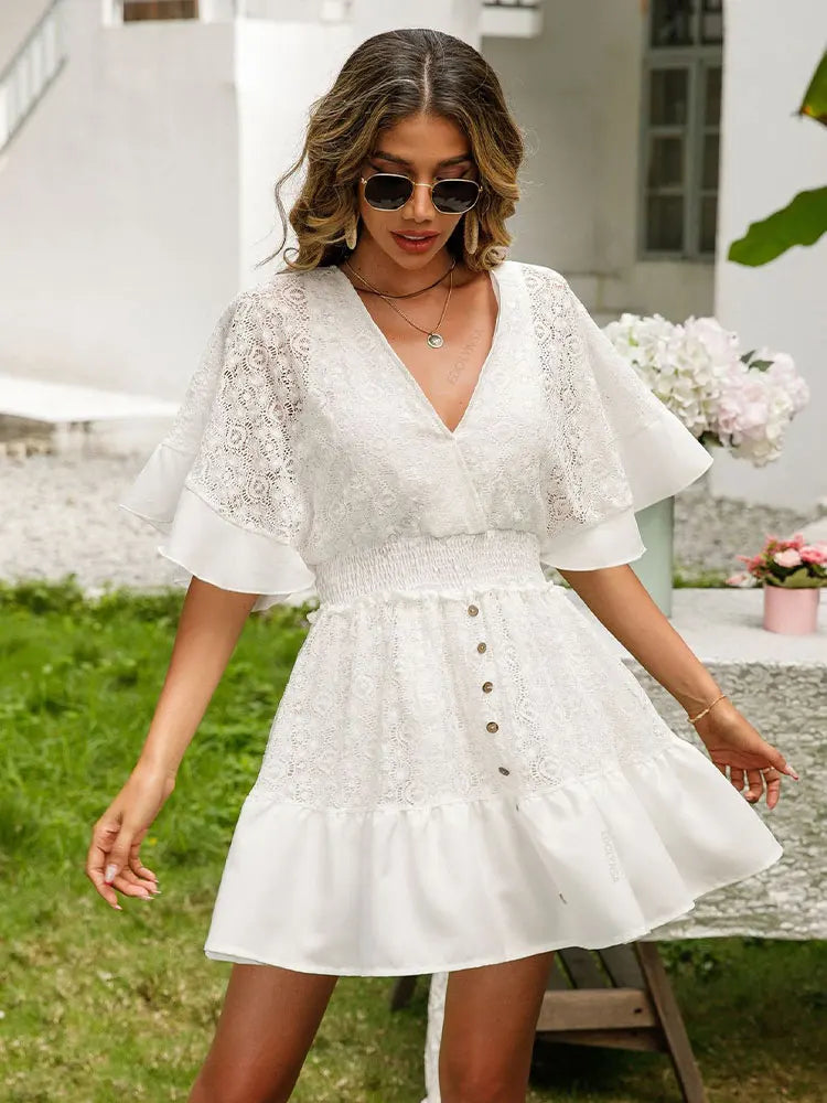 White Lace Tunic Sexy Deep V Neck Button Bikini Cover-ups Women Clothes 2025 Summer Sexy Ruffles Long Sleeves Mini Dress A1132