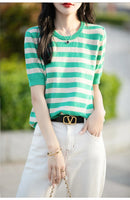 the CASHMERE - Sweater Short Sleeved Striped Sweater Pullover Knitted Cashmere Sweater for Women