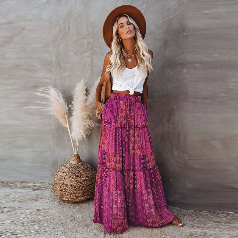 New Long Skirt Retro Skirt Loose Casual High Waist Skirt Bohemian Style Patchwork Pleated Pocket Skirt