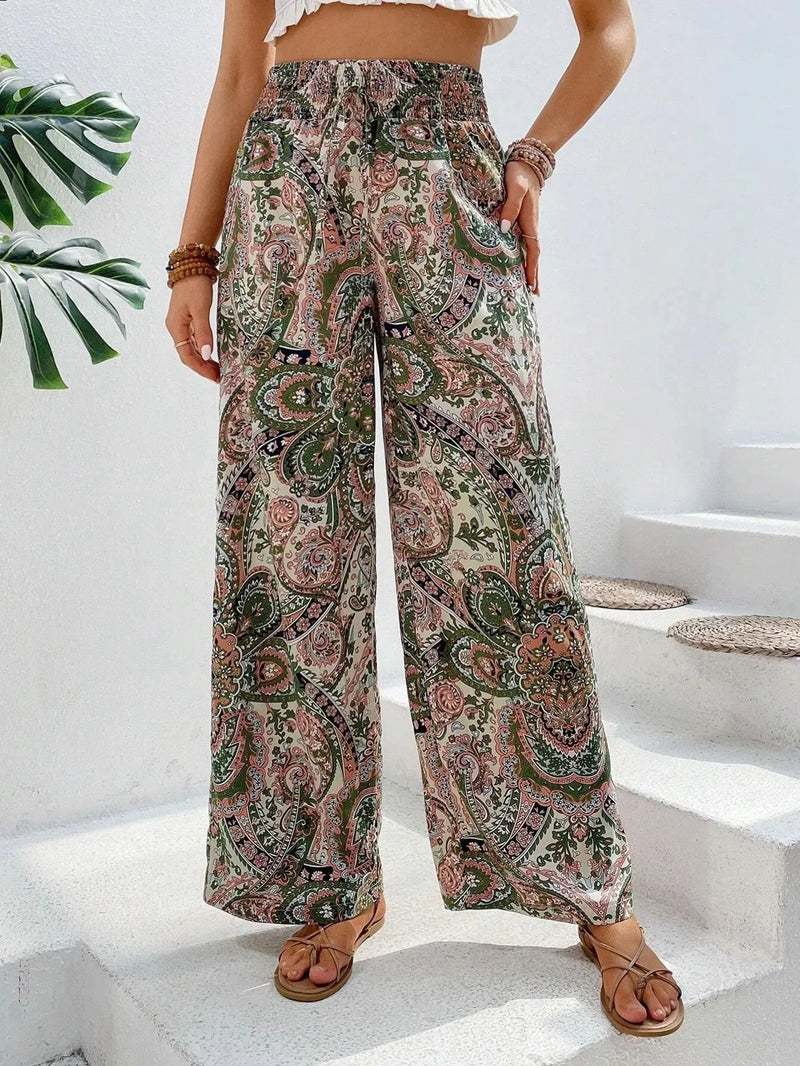 Women's Pants 2024 Summer New Fashion Versatile Printed Elastic Waist Wide Leg Pants Retro Ethnic Style Elastic Waist Trousers