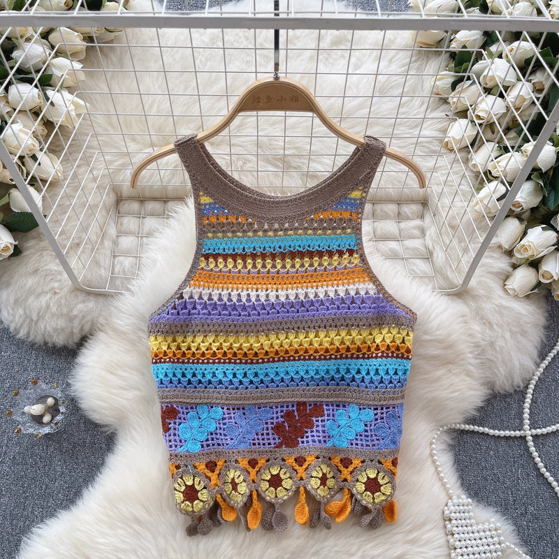 SINGREINY Bohemian Rainbow Knit Tops Y2k Hooked Flower Hollow Out Sleeveless Sweet Summer Women Holiday Beachwear Colorful Camis