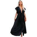 the BEACH BOHO - Summer Long Bikini Cover Ups Solid V-Neck Kimono Beach Lace Up Anti-Sun Swim Bohemian Sarong Dress for Women