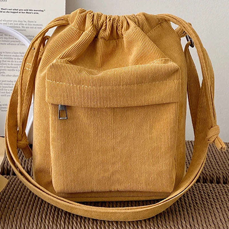 the CORDUROY CROSS-BODY - Solid Satchel Purse, Adjustable Strap Casual Shoulder Bag, Drawstring Corduroy Crossbody Bag. Versatile Slouchy Travel Bag