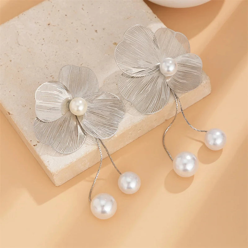 the FLOWER CHILD - Romantic Flower Petal Long Tassel Drop Earrings for Women, Imitation Pearl Hanging Piercing Earrings Jewelry Gift