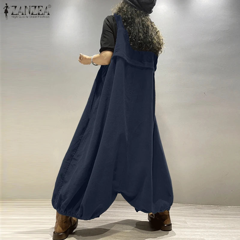 ZANZEA Streetwear Corduroy Bibbed-Jumpsuits Women Wide Leg Pant Drop-Crotch Overalls 2025 Spring Loose Casual Suspender Rompers