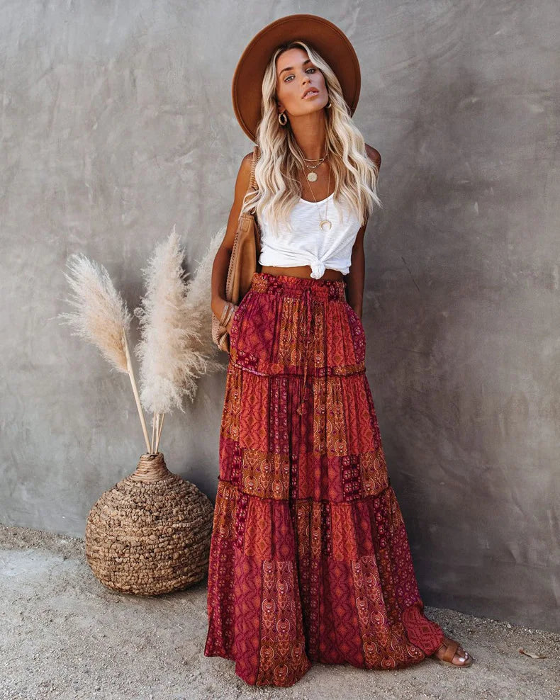 New Long Skirt Retro Skirt Loose Casual High Waist Skirt Bohemian Style Patchwork Pleated Pocket Skirt