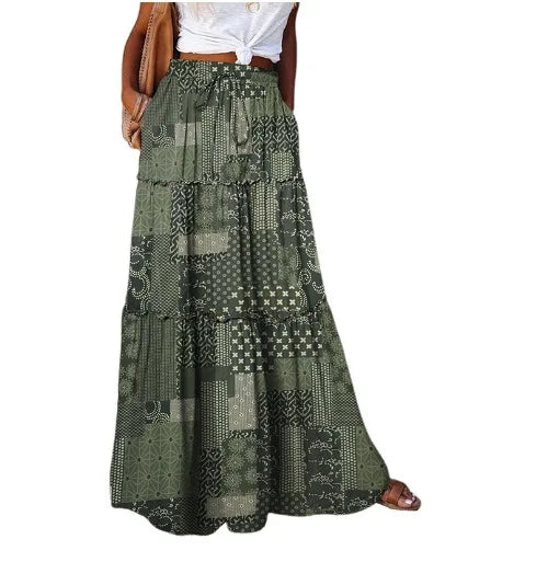 New Long Skirt Retro Skirt Loose Casual High Waist Skirt Bohemian Style Patchwork Pleated Pocket Skirt