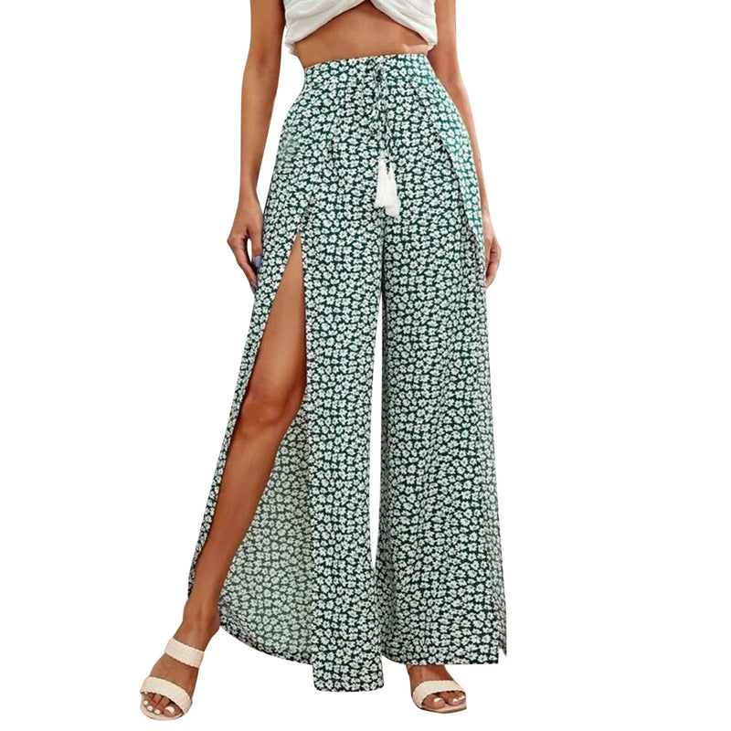 Fashion Printed Wide Leg Pants Women Culottes Front Split Bloomers Palazzo Pants Beach Style Cover Ups Women Wide Leg Trousers