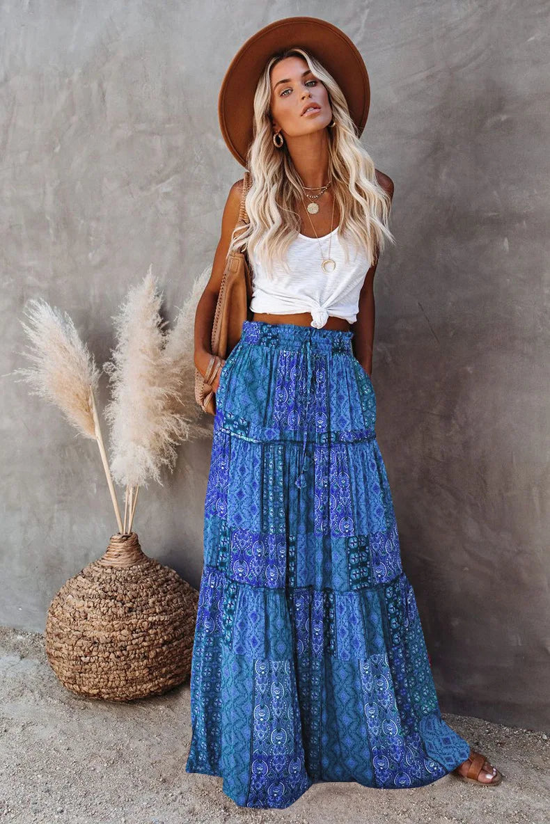 New Long Skirt Retro Skirt Loose Casual High Waist Skirt Bohemian Style Patchwork Pleated Pocket Skirt