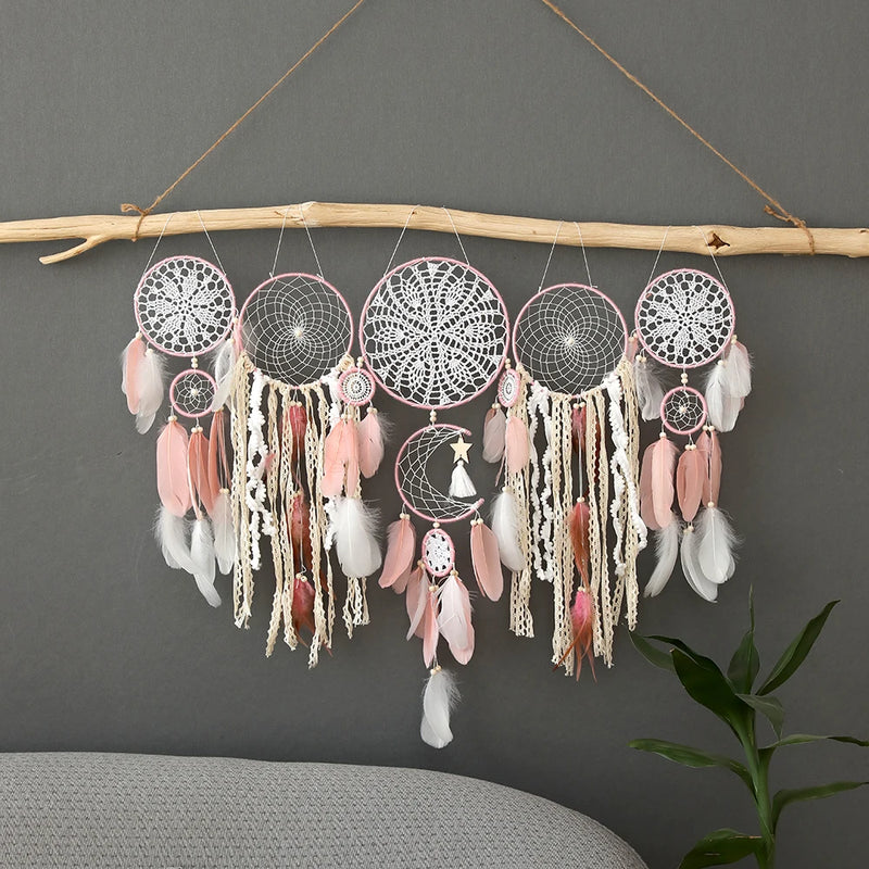 the DREAMLAND CATCHER - 5pcs Bohemian Dreamcatcher Set - Large Wall Hanging For Bedroom, Wedding, Christmas Decor - Pretty And Decorative Ornaments