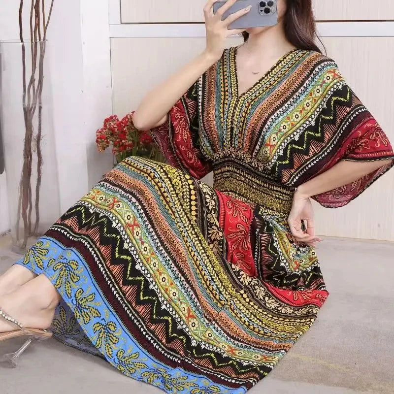 Casual Elegant Retro Bohemian National Style V-neck Elastic  Waist Large Swing Printed Summer Long Skirt Woman Dress Clothes