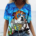 Summer New Women's V-neck Top Short Sleeve T-shirts 3D Cute Dog Print Casual Lovely Harajuku Versatile Y2K Clothes European Size