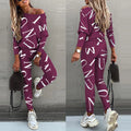 Spring Autumn Fashion One Shoulder Long Sleeve Pure Cotton Printing Letter Women's Clothing Korean Trend Bound Feet Pant Suits