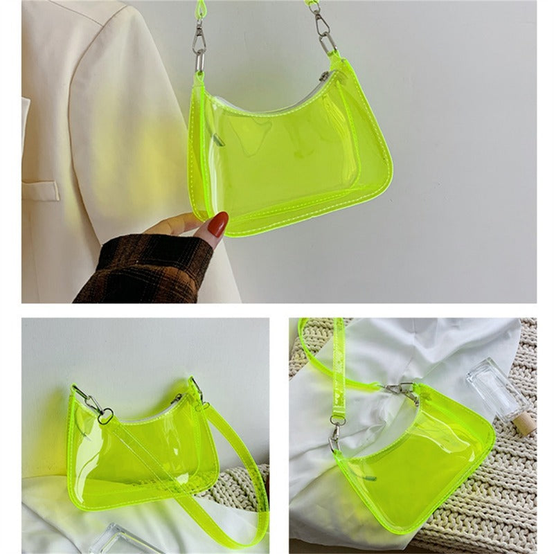 the NEON BAG - Clear Jelly Shoulder Bag for Women, Small Zipper Underarm Purses & Fashion Handbag