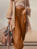 the CAPPUCCINO - Women's Vintage Casual Trousers Elastic Waist Drawstring High Waist Loose Pocket Design Ankle Length Bloomers