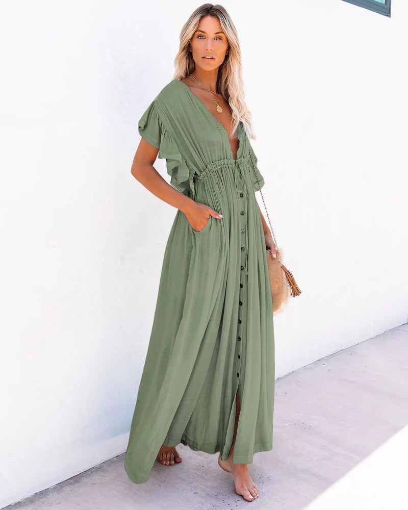 2024 Summer Long Bikini Cover Ups for Women Solid V-Neck Kimono Beach Dresses Lace Up Anti-Sun Swim Dress Bohemian Sarong Skirt