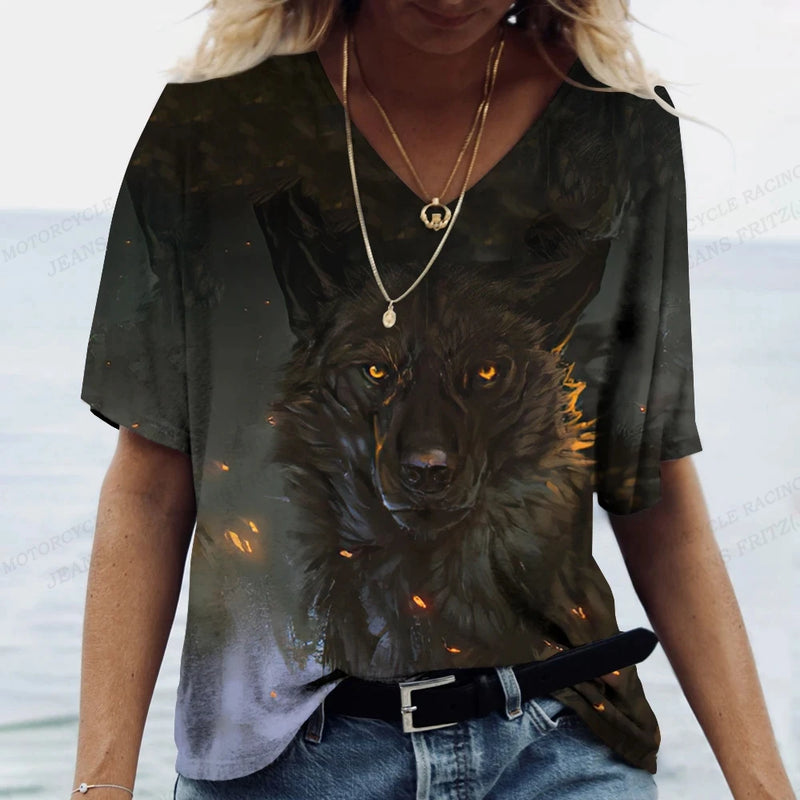 Women's T-shirts Animal Wolf 3d Print Tshirt Women Fashion T-shirt V-Neck Graphic T Shirts Women's Clothing Female Tops Summer