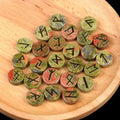 the RUNES - 25pcs Natural Crystal Runes Signs Round Stone Runic Alphabets Letters Sacred Symbol Healing Gem Energy Amulet Reiki Chakra Set